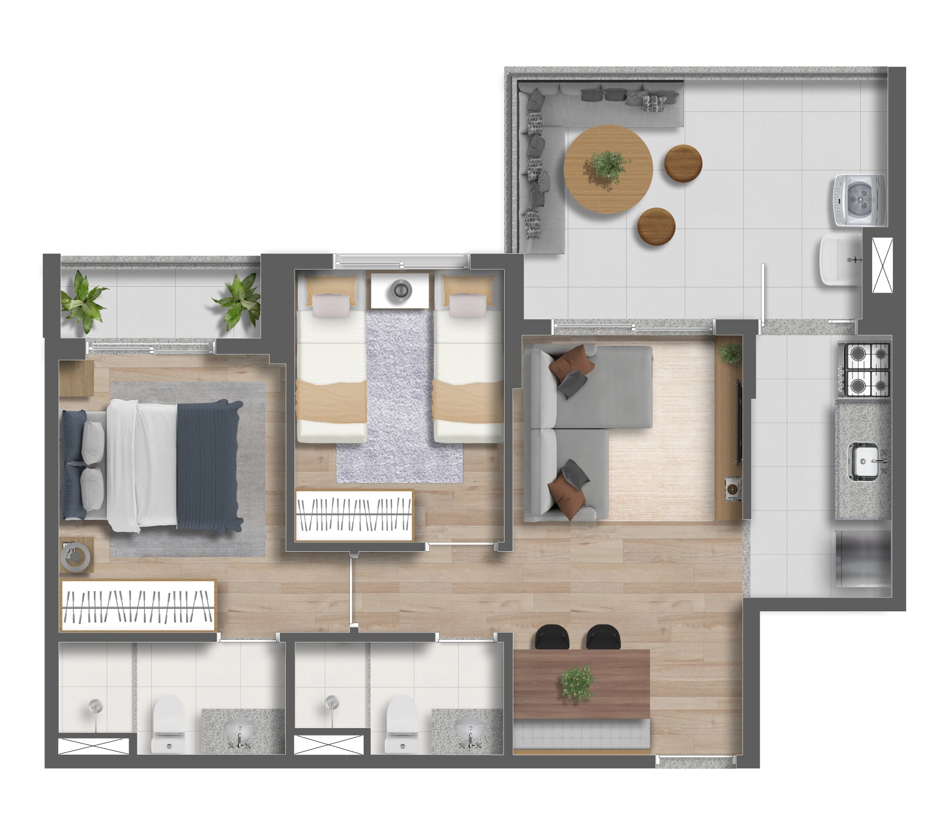 Planta 57m² | 1 dorm. e 1 suíte