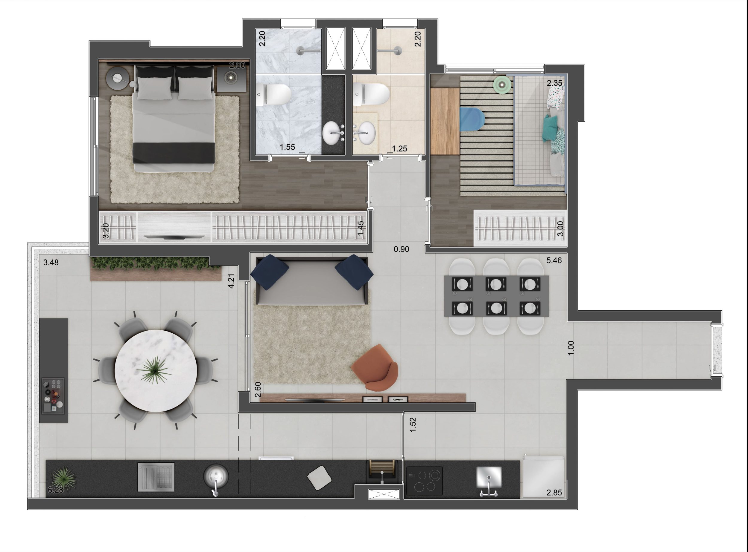 Planta 73m² | 1 dorm. + 1 suíte com varanda